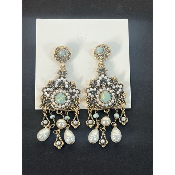 vtg Victorian revival antique gold pearl and jasper dangle earrings - Picture 7 of 8